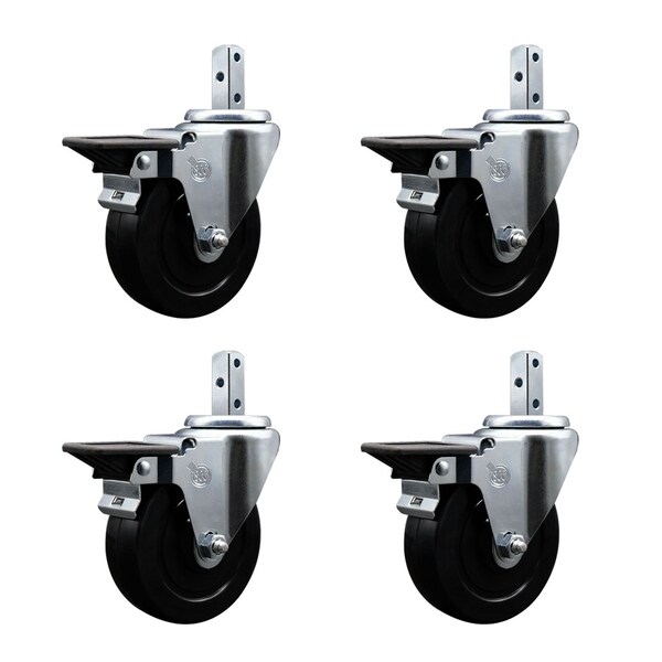 4'' Soft Rubber Wheel Swivel 3/4'' Square Stem Caster Set with Brake, 4PK